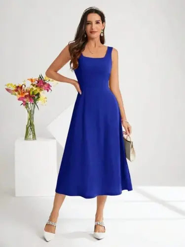 Women's Square Neck Sleeveless Midi Imported Crepe Dress - 5