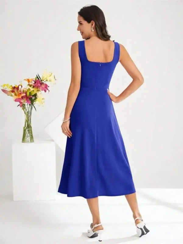 Women's Square Neck Sleeveless Midi Imported Crepe Dress - 6