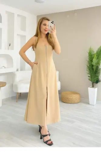 Women's Square Neck Sleeveless Zippered Front Wide Leg Crinkle Crepe Dress - 1