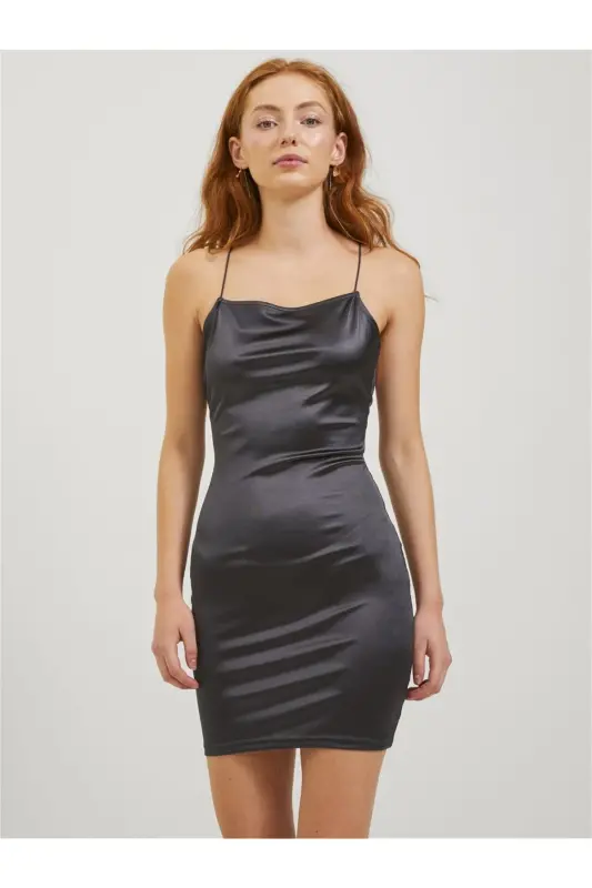 Women's Square Neck Slim Fit Black Dress (12248800) - 2