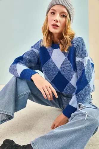 Women's Square Patterned Knit Sweater-Blue - 1