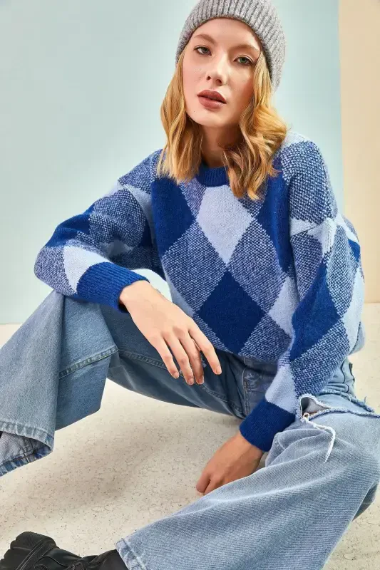 Women's Square Patterned Knit Sweater-Blue - BIANCO LUCCI