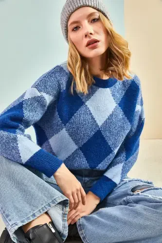 Women's Square Patterned Knit Sweater-Blue - 3