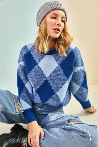 Women's Square Patterned Knit Sweater-Blue - 5