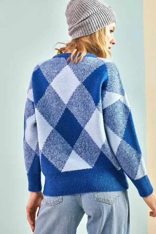 Women's Square Patterned Knit Sweater-Blue - 6