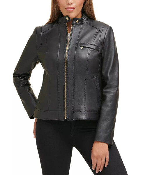 Women's Stand-Collar Leather Moto Coat, Created for Modazone Black - 1