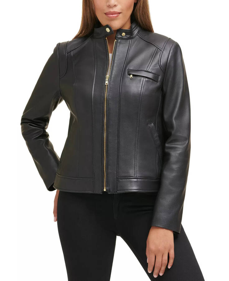 Women's Stand-Collar Leather Moto Coat, Created for Modazone Black - 1