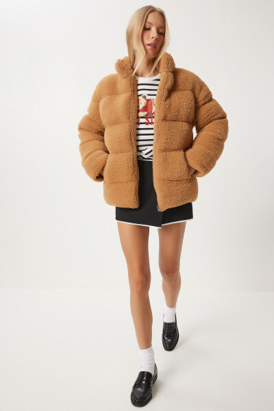 Women's Stand Collar Plush Puffer Jacket QA00002 - HAPPINESS İSTANBUL