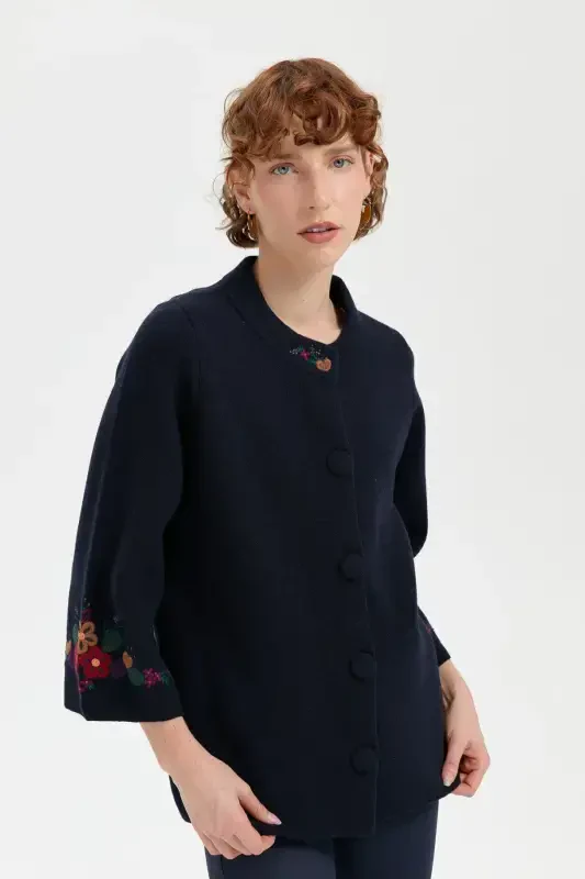 Women's Stand Collar Short Wool Jacket with Embroidered Sleeves and Collar, Navy Blue-Navy Blue - DESEN TRIKO