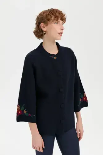 Women's Stand Collar Short Wool Jacket with Embroidered Sleeves and Collar, Navy Blue-Navy Blue - DESEN TRIKO (1)