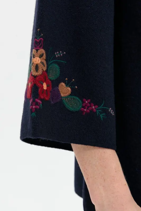 Women's Stand Collar Short Wool Jacket with Embroidered Sleeves and Collar, Navy Blue-Navy Blue - 6