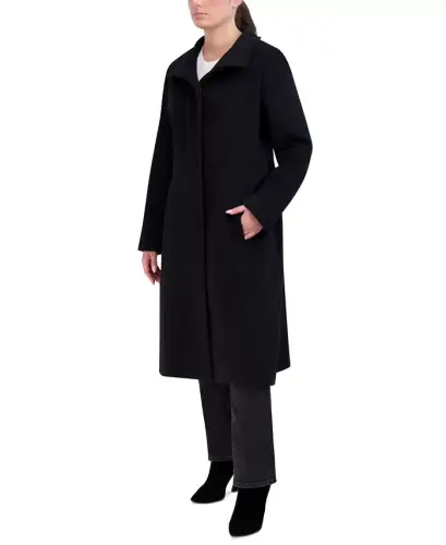 Womens Stand-Collar Single-Breasted Wool Blend Coat-Black - 3