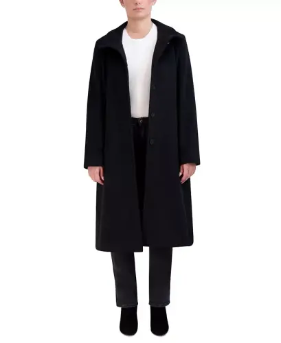 Womens Stand-Collar Single-Breasted Wool Blend Coat-Black - 4