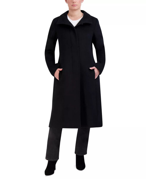 Womens Stand-Collar Single-Breasted Wool Blend Coat Black - 1