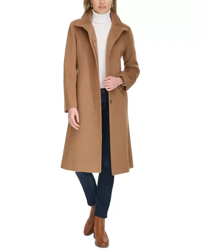 Womens Stand-Collar Single-Breasted Wool Blend Coat - Camel - 1