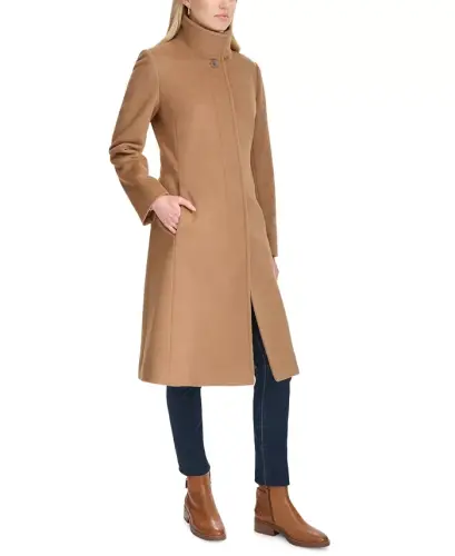 Womens Stand-Collar Single-Breasted Wool Blend Coat - Camel - 3