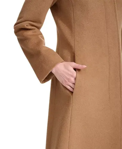 Womens Stand-Collar Single-Breasted Wool Blend Coat - Camel - 4