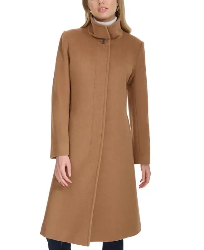 Womens Stand-Collar Single-Breasted Wool Blend Coat - Camel - 5