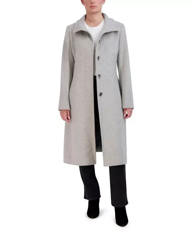 Womens Stand-Collar Single-Breasted Wool Blend Coat - Gray - COLE HAAN