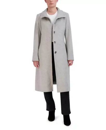 Womens Stand-Collar Single-Breasted Wool Blend Coat - Gray - 1