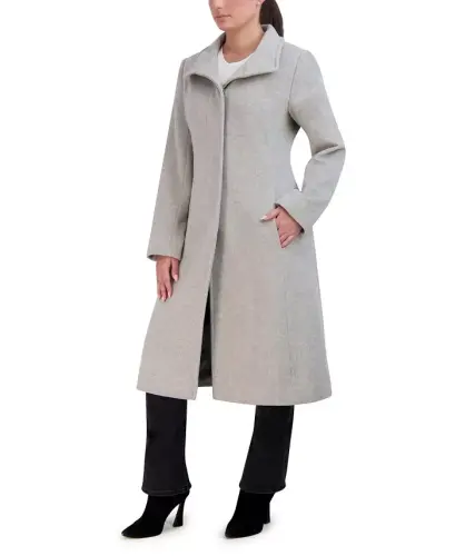 Womens Stand-Collar Single-Breasted Wool Blend Coat - Gray - 3