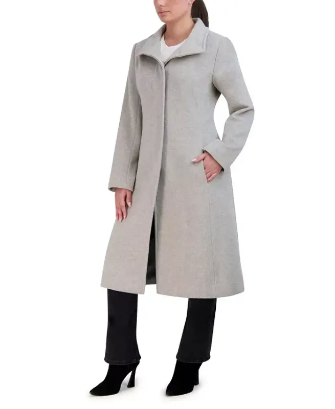 Womens Stand-Collar Single-Breasted Wool Blend Coat - Gray - 3
