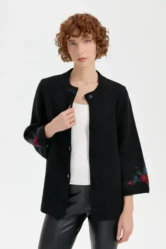 Women's Stand-up Collar Short Wool Jacket Black-Black with Embroidered Sleeves and Collar - 1