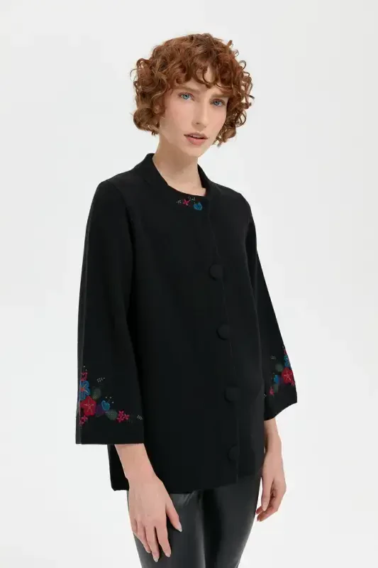Women's Stand-up Collar Short Wool Jacket Black-Black with Embroidered Sleeves and Collar - 2