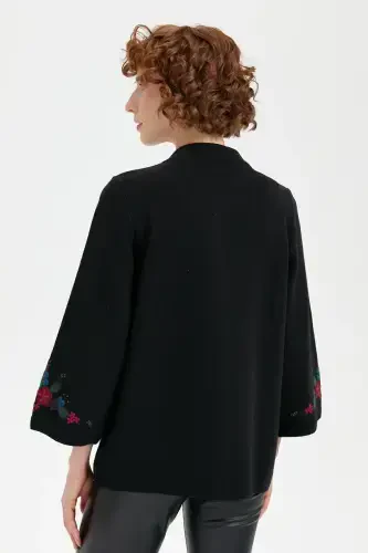 Women's Stand-up Collar Short Wool Jacket Black-Black with Embroidered Sleeves and Collar - 3