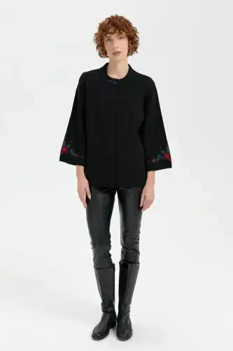 Women's Stand-up Collar Short Wool Jacket Black-Black with Embroidered Sleeves and Collar - 4