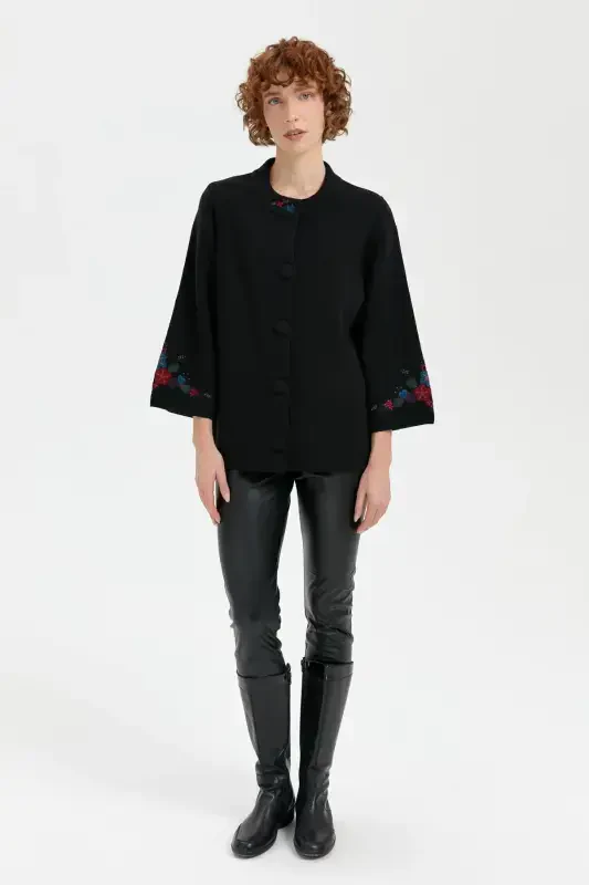 Women's Stand-up Collar Short Wool Jacket Black-Black with Embroidered Sleeves and Collar - 4
