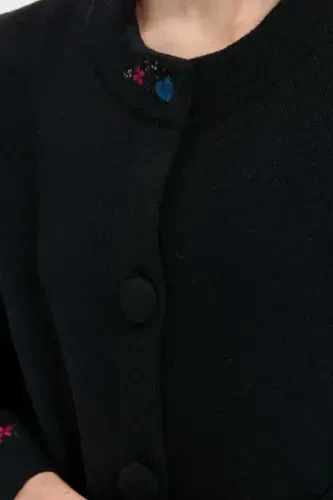 Women's Stand-up Collar Short Wool Jacket Black-Black with Embroidered Sleeves and Collar - 5