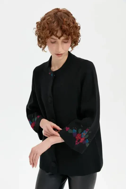 Women's Stand-up Collar Short Wool Jacket Black-Black with Embroidered Sleeves and Collar - 6