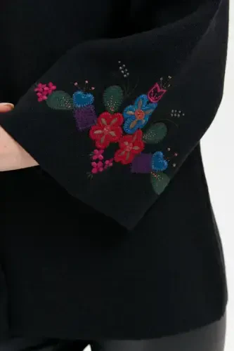 Women's Stand-up Collar Short Wool Jacket Black-Black with Embroidered Sleeves and Collar - 7