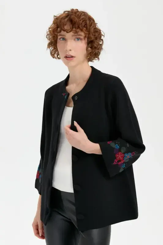 Women's Stand-up Collar Short Wool Jacket Black-Black with Embroidered Sleeves and Collar - 8