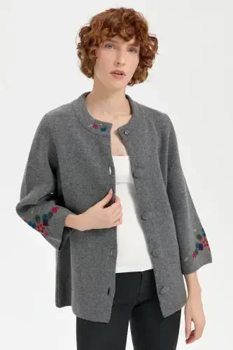 Women's Stand-up Collar Short Wool Jacket with Embroidered Sleeves and Collar, Smoke-Smoke - 1