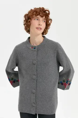 Women's Stand-up Collar Short Wool Jacket with Embroidered Sleeves and Collar, Smoke-Smoke - DESEN TRIKO (1)