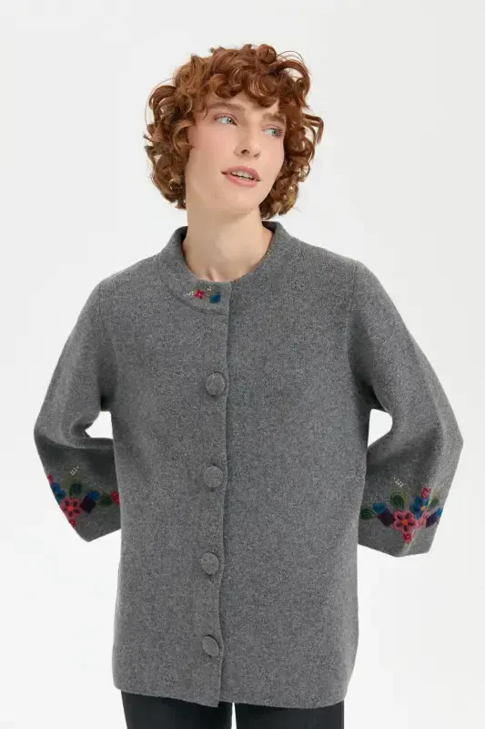 Women's Stand-up Collar Short Wool Jacket with Embroidered Sleeves and Collar, Smoke-Smoke - 2