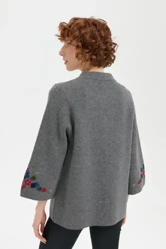 Women's Stand-up Collar Short Wool Jacket with Embroidered Sleeves and Collar, Smoke-Smoke - 3