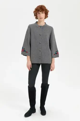 Women's Stand-up Collar Short Wool Jacket with Embroidered Sleeves and Collar, Smoke-Smoke - 4