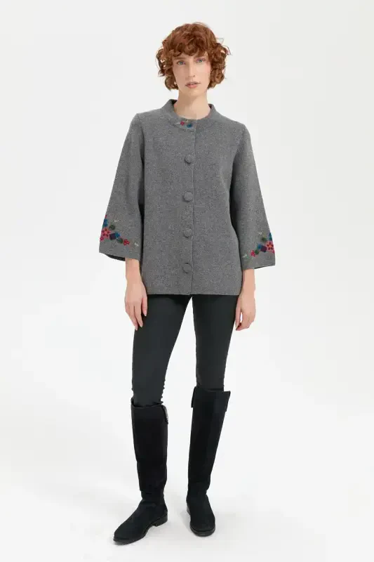 Women's Stand-up Collar Short Wool Jacket with Embroidered Sleeves and Collar, Smoke-Smoke - 4