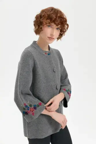 Women's Stand-up Collar Short Wool Jacket with Embroidered Sleeves and Collar, Smoke-Smoke - 5