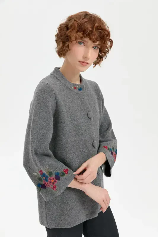 Women's Stand-up Collar Short Wool Jacket with Embroidered Sleeves and Collar, Smoke-Smoke - 5