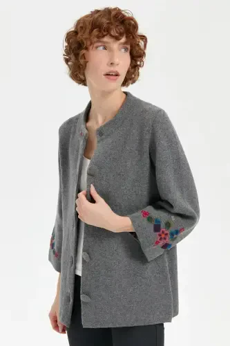 Women's Stand-up Collar Short Wool Jacket with Embroidered Sleeves and Collar, Smoke-Smoke - 7