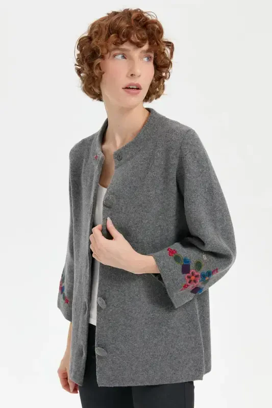 Women's Stand-up Collar Short Wool Jacket with Embroidered Sleeves and Collar, Smoke-Smoke - 7