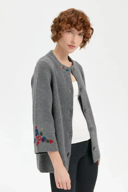 Women's Stand-up Collar Short Wool Jacket with Embroidered Sleeves and Collar, Smoke-Smoke - 8