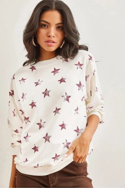 Women's Star Burgundy Basic Soft Textured Oversized Sweatshirt SWT-19000457 - 1
