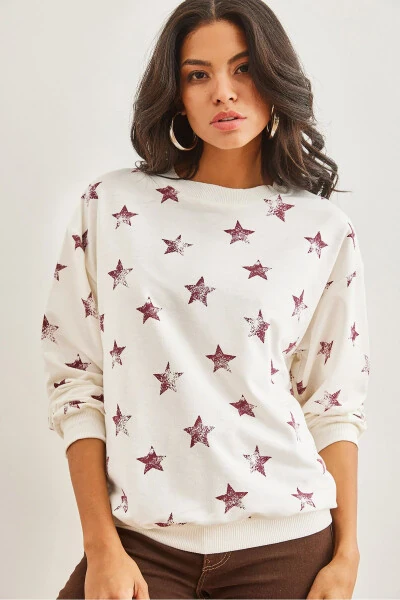 Women's Star Burgundy Basic Soft Textured Oversized Sweatshirt SWT-19000457 - 2