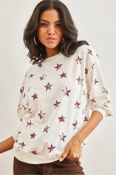 Women's Star Burgundy Basic Soft Textured Oversized Sweatshirt SWT-19000457 - 3