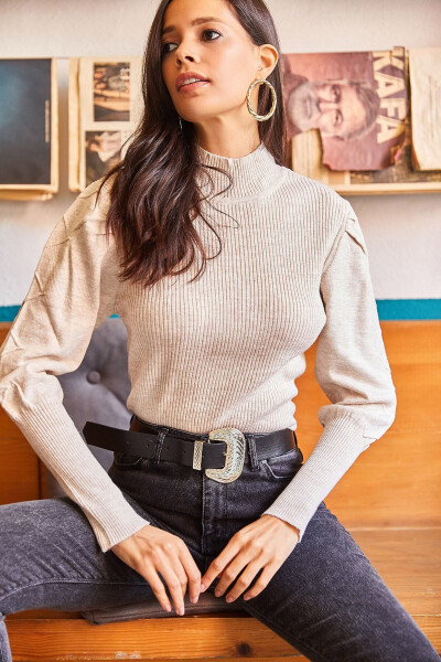 Women's Stone Balloon Sleeve Half Fisherman Neck Knitted Pullover - 3